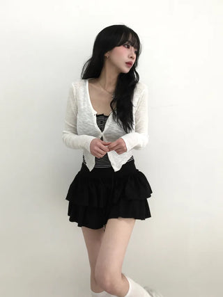 Zear Ribbed Rounded Hem V-Neck Cardigan