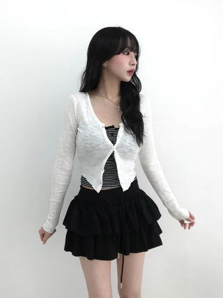 Zear Ribbed Rounded Hem V-Neck Cardigan