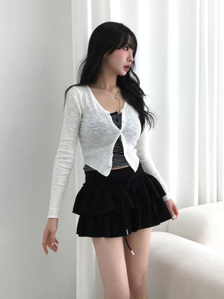 Zear Ribbed Rounded Hem V-Neck Cardigan