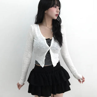 Zear Ribbed Rounded Hem V-Neck Cardigan