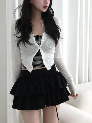 Zear Ribbed Rounded Hem V-Neck Cardigan