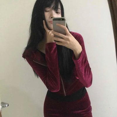 Velvet Hooded Crop Zip-Up Jogger Two-Piece Set