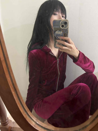 Velvet Hooded Crop Zip-Up Jogger Two-Piece Set