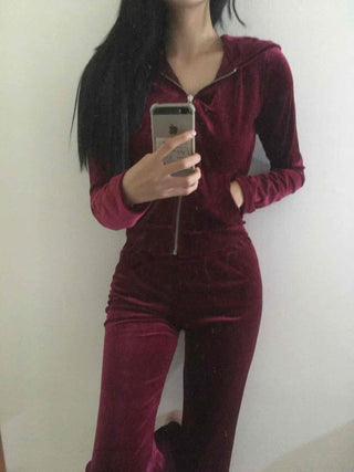 Velvet Hooded Crop Zip-Up Jogger Two-Piece Set