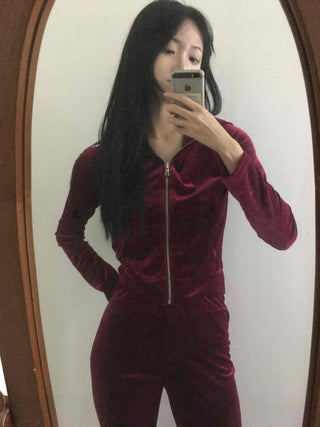 Velvet Hooded Crop Zip-Up Jogger Two-Piece Set