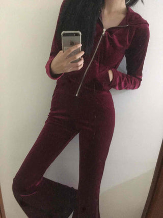 Velvet Hooded Crop Zip-Up Jogger Two-Piece Set