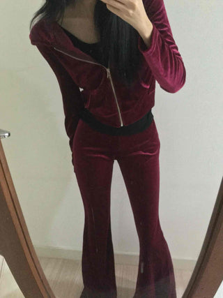 Velvet Hooded Crop Zip-Up Jogger Two-Piece Set