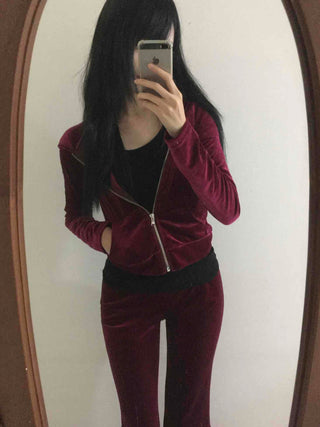 Velvet Hooded Crop Zip-Up Jogger Two-Piece Set