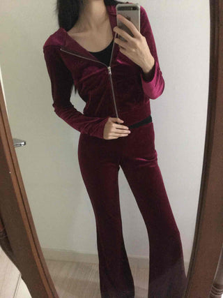 Velvet Hooded Crop Zip-Up Jogger Two-Piece Set