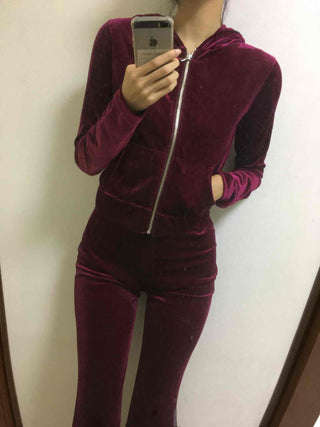 Velvet Hooded Crop Zip-Up Jogger Two-Piece Set