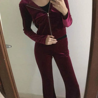 Velvet Hooded Crop Zip-Up Jogger Two-Piece Set