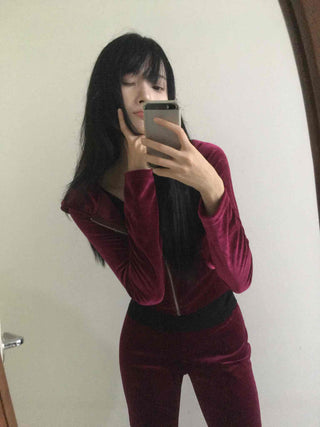 Velvet Hooded Crop Zip-Up Jogger Two-Piece Set