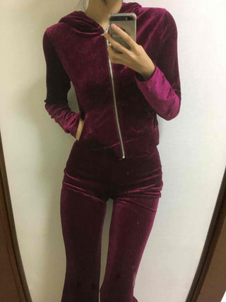 Velvet Hooded Crop Zip-Up Jogger Two-Piece Set