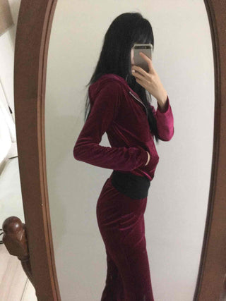 Velvet Hooded Crop Zip-Up Jogger Two-Piece Set