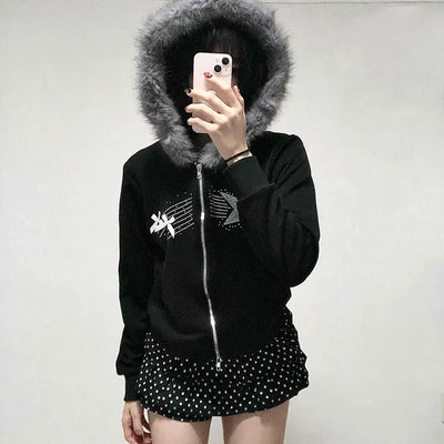 Raccoon Fur Hooded Crop Zip-Up Jumper