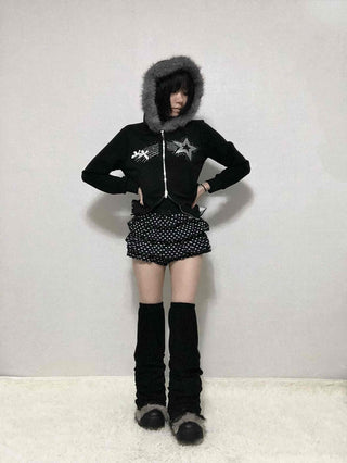 Raccoon Fur Hooded Crop Zip-Up Jumper