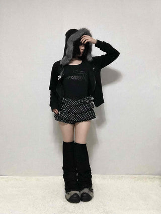 Raccoon Fur Hooded Crop Zip-Up Jumper