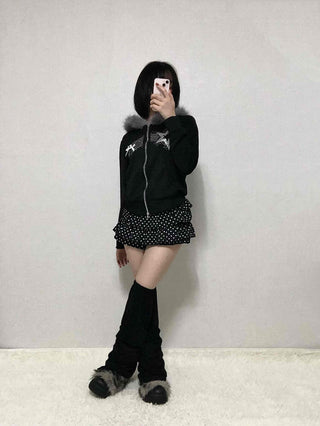 Raccoon Fur Hooded Crop Zip-Up Jumper