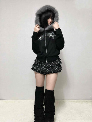 Raccoon Fur Hooded Crop Zip-Up Jumper