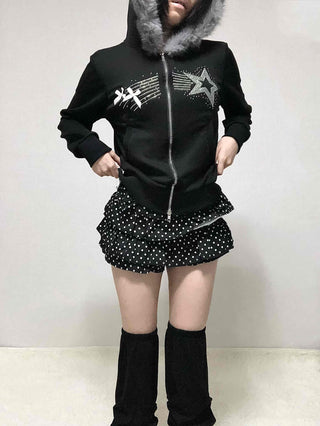 Raccoon Fur Hooded Crop Zip-Up Jumper
