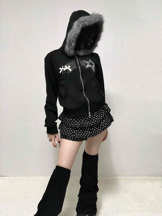 Raccoon Fur Hooded Crop Zip-Up Jumper