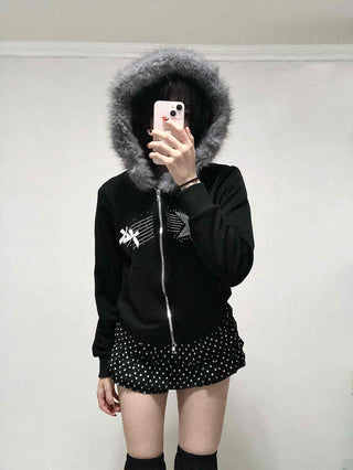 Raccoon Fur Hooded Crop Zip-Up Jumper