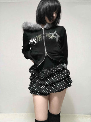 Raccoon Fur Hooded Crop Zip-Up Jumper