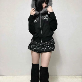 Raccoon Fur Hooded Crop Zip-Up Jumper