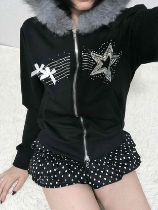 Raccoon Fur Hooded Crop Zip-Up Jumper