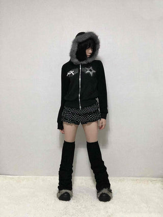 Raccoon Fur Hooded Crop Zip-Up Jumper