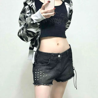 Punk Studded Damaged Cut Low-Rise Denim Shorts