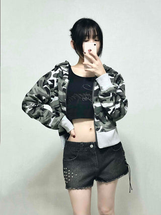 Punk Studded Damaged Cut Low-Rise Denim Shorts