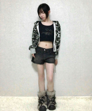 Punk Studded Damaged Cut Low-Rise Denim Shorts