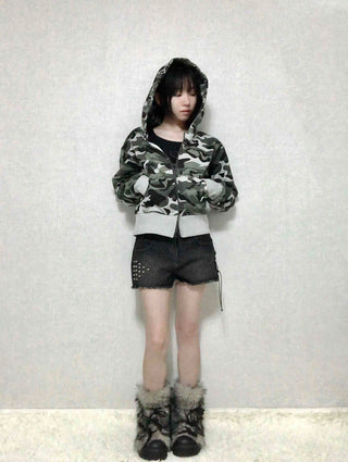 Punk Studded Damaged Cut Low-Rise Denim Shorts