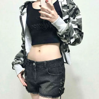 Punk Studded Damaged Cut Low-Rise Denim Shorts