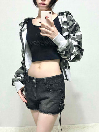 Punk Studded Damaged Cut Low-Rise Denim Shorts