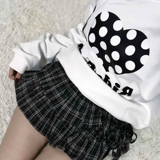 Side Lace-up Check Pleated Mini Skirt