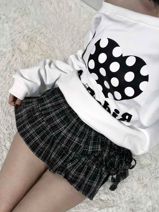 Side Lace-up Check Pleated Mini Skirt
