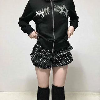 Pearl-trimmed polka dot tiered mini shorts