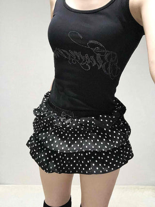 Pearl-trimmed polka dot tiered mini shorts