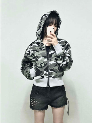 Military Camo Loose Fit Short Zip-up