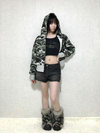 Military Camo Loose Fit Short Zip-up