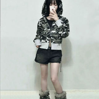Military Camo Loose Fit Short Zip-up