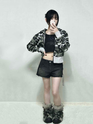 Military Camo Loose Fit Short Zip-up