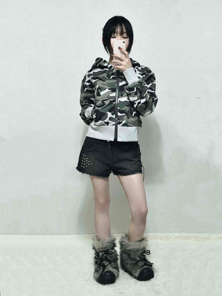 Military Camo Loose Fit Short Zip-up