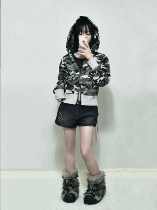 Military Camo Loose Fit Short Zip-up