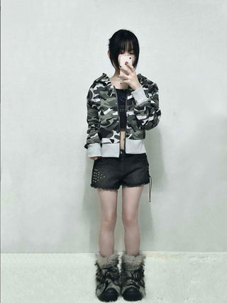 Military Camo Loose Fit Short Zip-up