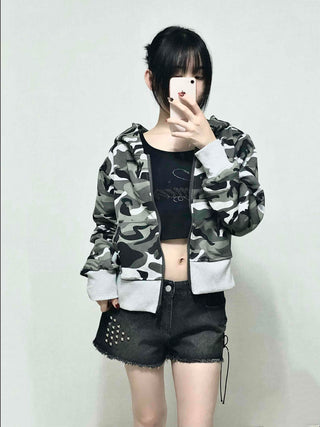Military Camo Loose Fit Short Zip-up