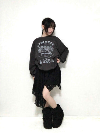 Vintage Lettering Print Oversized Round Neck Sweatshirt