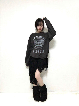 Vintage Lettering Print Oversized Round Neck Sweatshirt